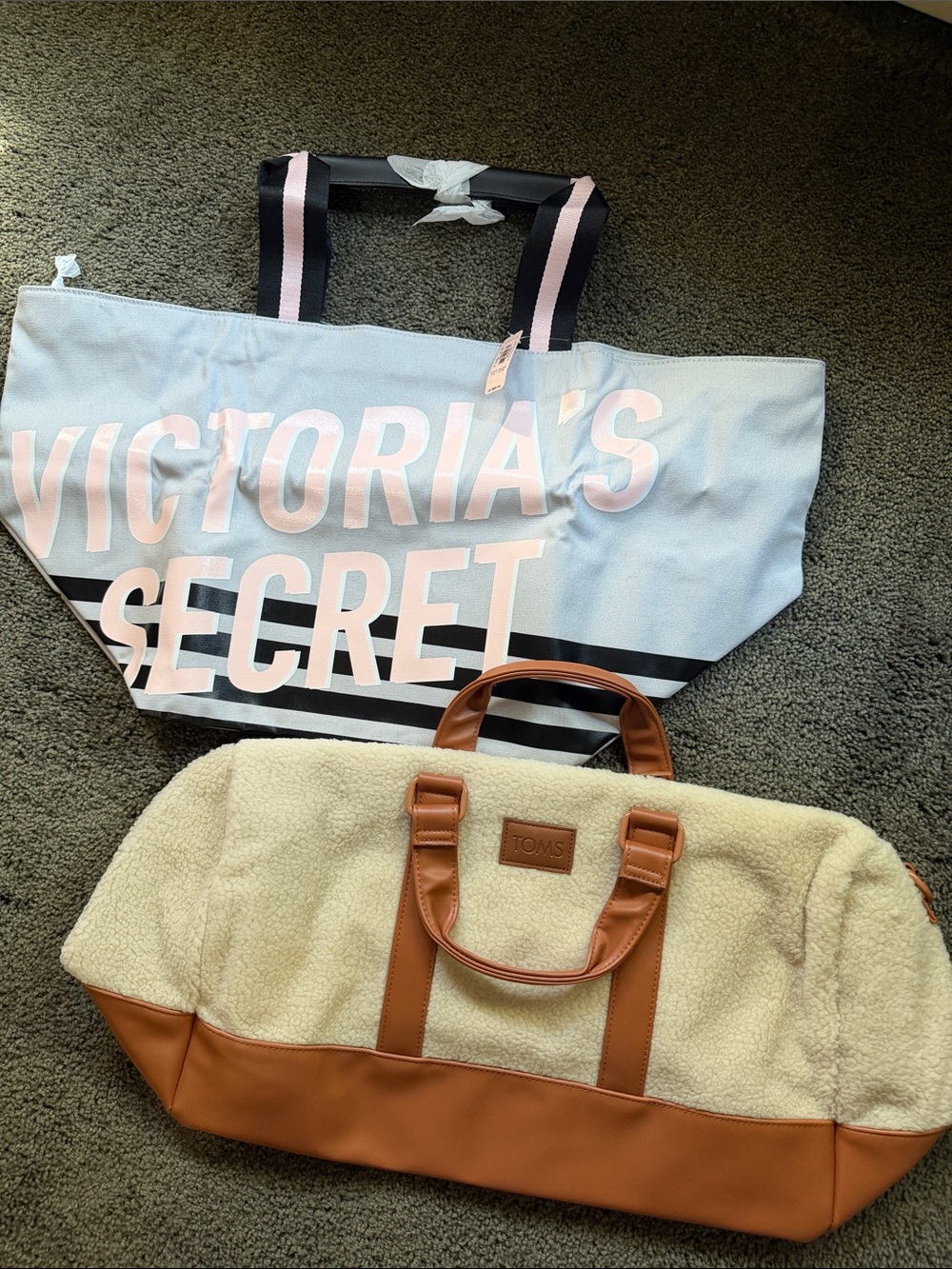 Bundle New Victoria's Secret Light Blue & Pink Logo Tote Bag and New TOMS Sherpa